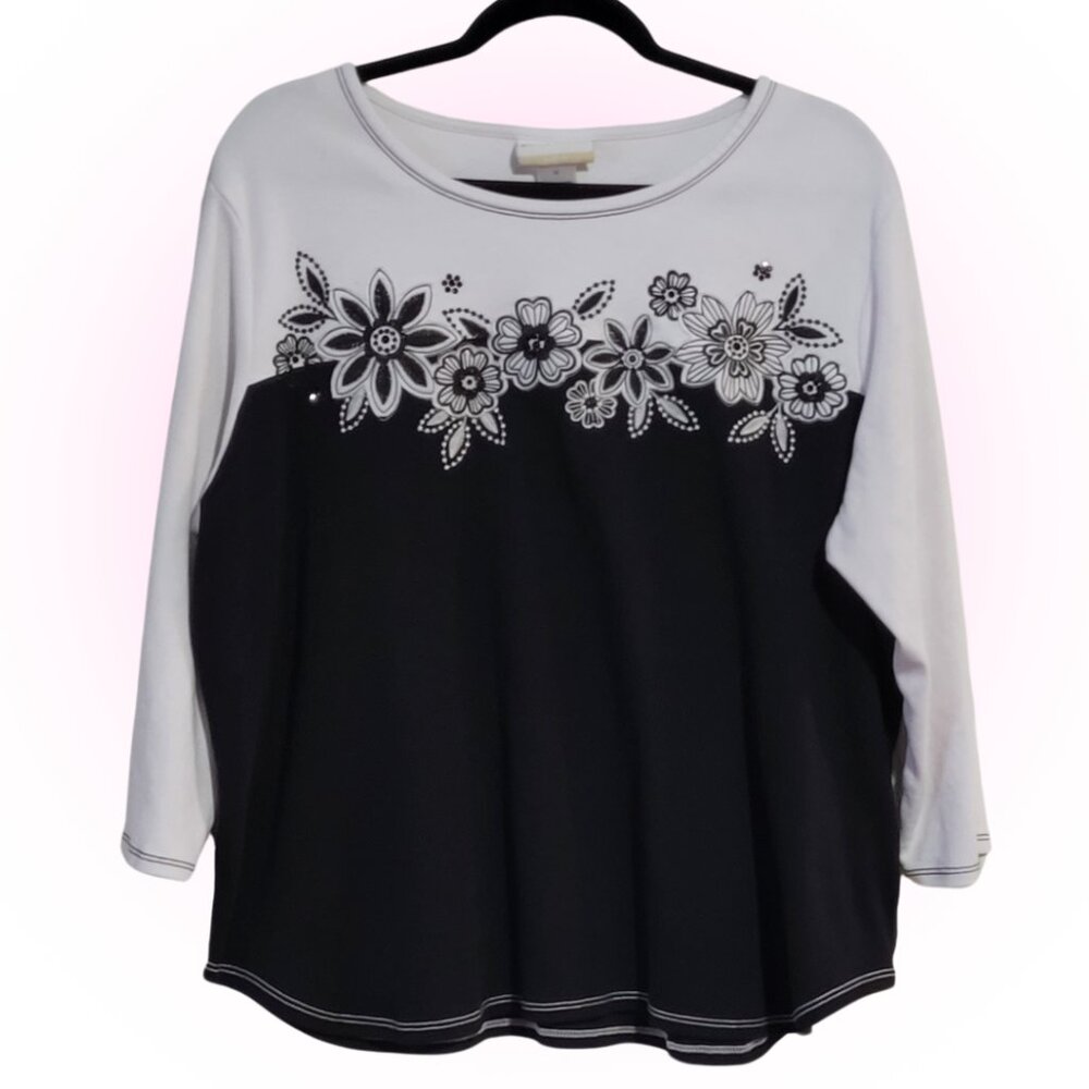 EMBROIDERED BLACK & WHITE FLOWERS ALFRED DUNNER WOMEN'S BLOUSE EUC XL 1X